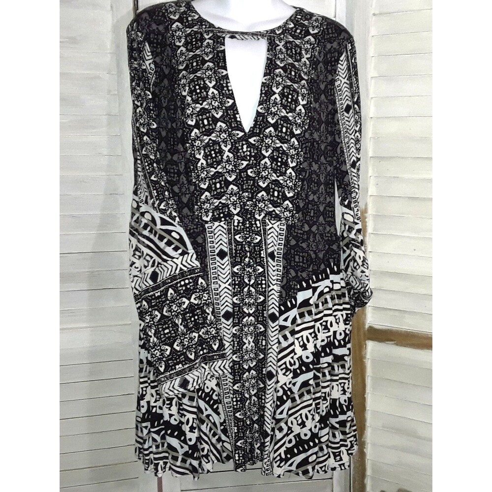 FREE PEOPLE TEGAN MINI DRESS Size 12 Slit Bell Sleeve Mixed Media Print Tunic